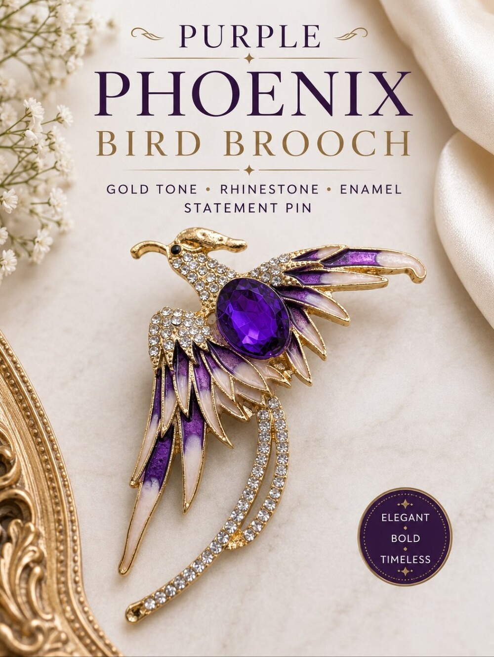 Purple Phoenix Bird Brooch Gold Tone Rhinestone Enamel Statement Pin